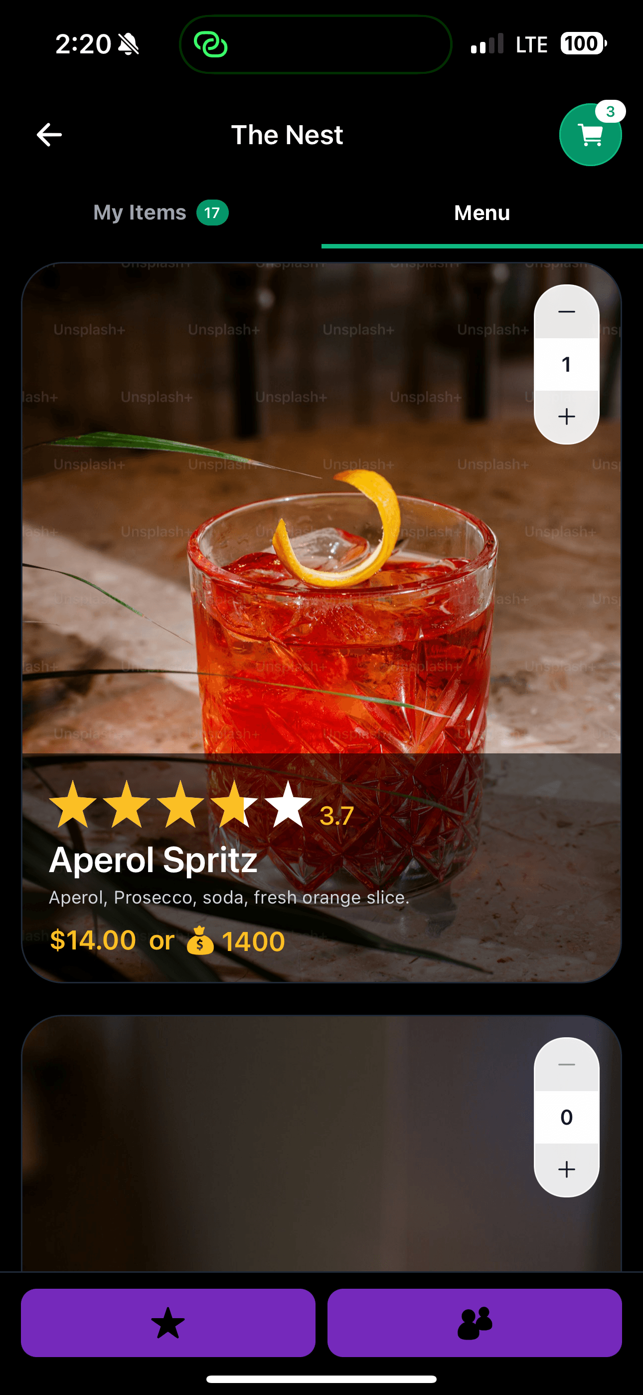 Menu ordering screen showing items, pricing, and add-to-cart controls